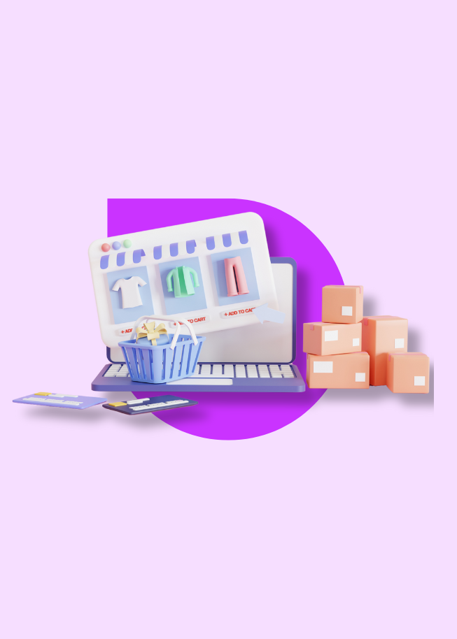 Ilustración 3D de una tienda en línea en una laptop con canasta de compras, tarjetas y cajas de envío