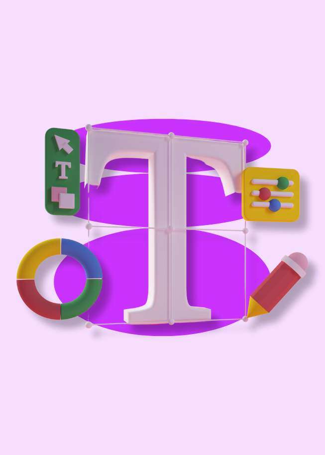Ilustración 3D de una letra T con herramientas de diseño, paleta de colores y lápiz que representa la construcción de una marca