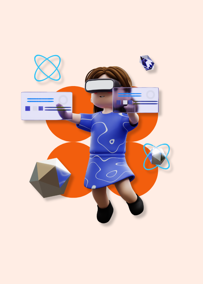 Ilustración 3D de una persona con lentes de realidad virtual interactuando con pantallas flotantes